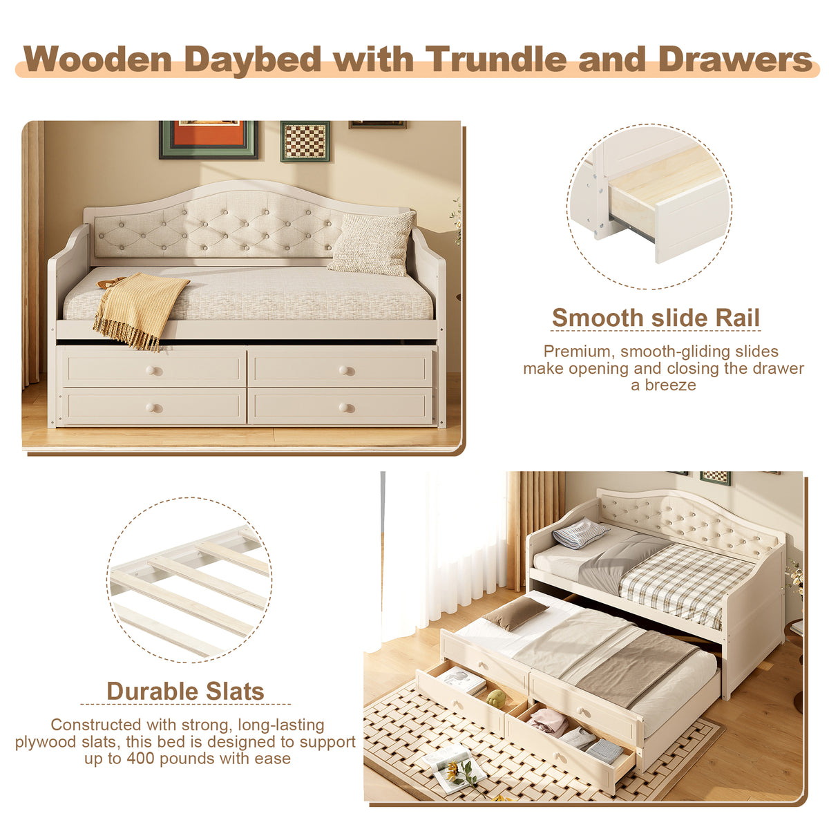 variant-group:rf-n733s346767a|Roomfitters Twin Daybed with Trundle, Wooden Sofa Bed with 2 Storage Drawers & Tufted Backrest, Beige