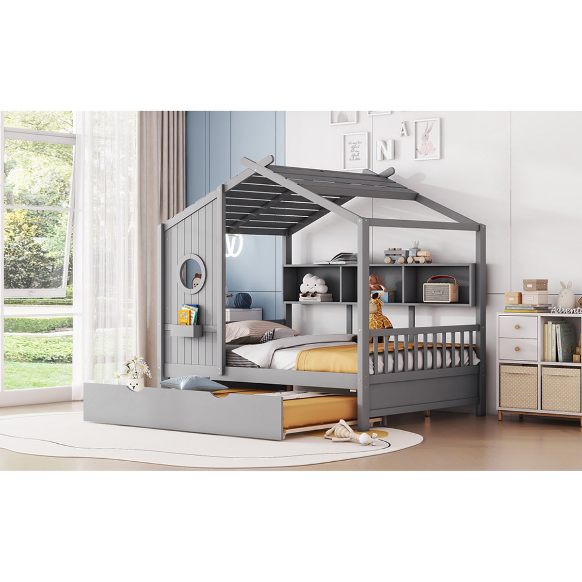 variant-group:rf-n733s316125e|Roomfitters Wooden Full Size House Bed with Trundle and Storage Shelf, Gray
