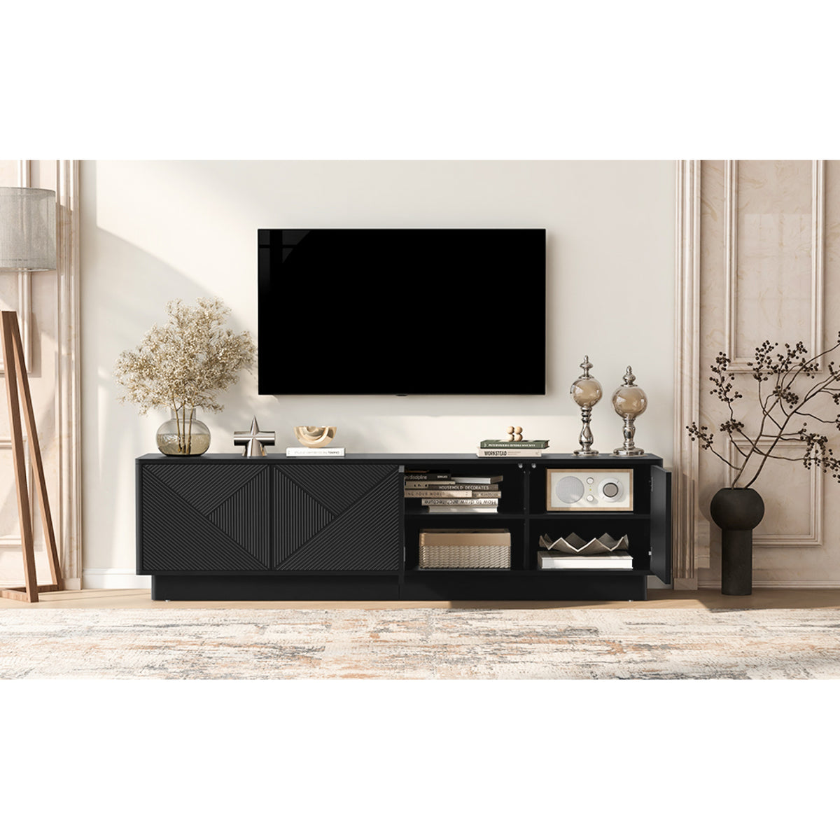 variant-group:rf-n724p426846b|Roomfitters Stylish 4-Door Wave Design TV Console with 16-Color USB LED Light, Black
