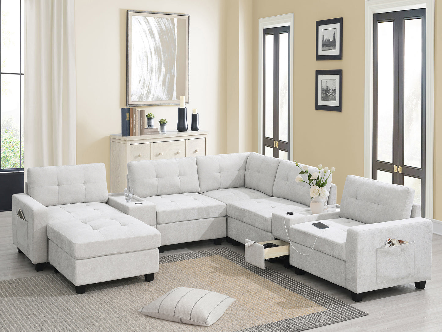 variant-group:rf-n723s1191k|Roomfitters 104 Inch Modular Sectional Sofa with Console and Cup Holders, Upholstered L-Shape Couch for Home Decor, Light Gray