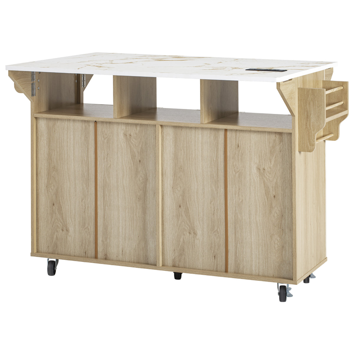 variant-group:rf-n707p353934y|Roomfitters 55.5" Fluted Kitchen Island with Double Drop Leaf, Natural Storage Cart with Power Outlet & Faux Marble Top