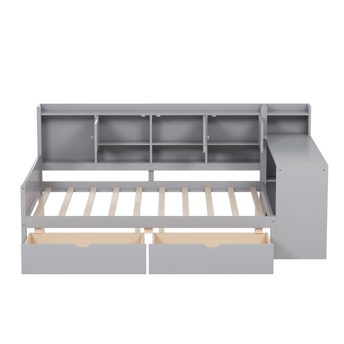 Roomfitters Wooden L-Shape Daybed with Storage Cabinets, Study Desk, Built-In Bookshelf, Space-Saving Platform Bed, Gray