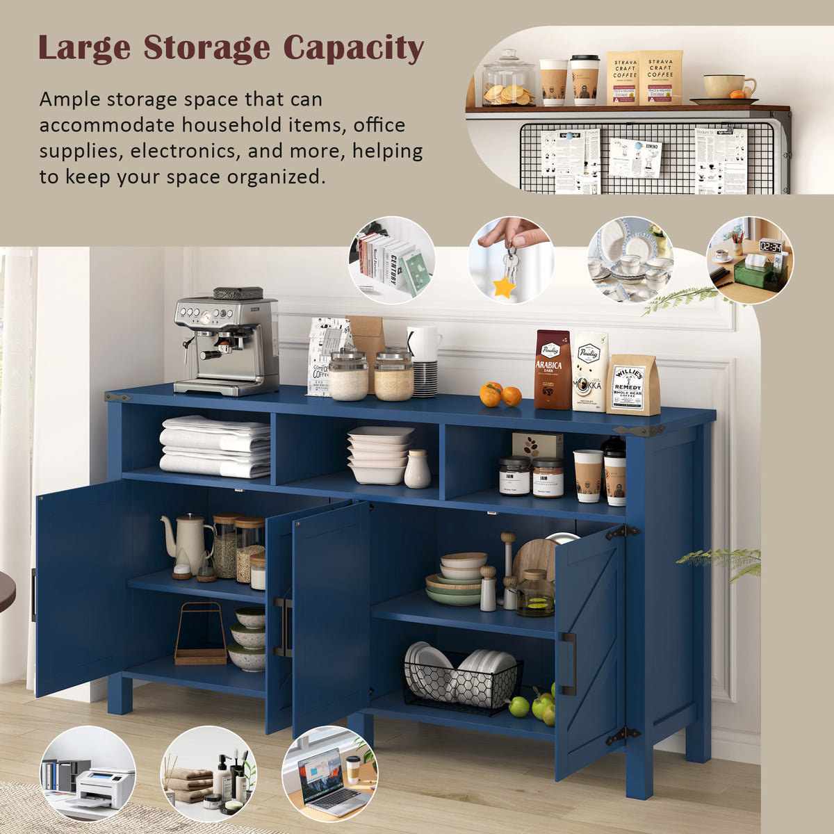 variant-group:rf-n711p347407v|Roomfitters 59" Sideboard Buffet Cabinet with 4 Door & Open Storage, Modern Farmhouse Industrial Coffee Bar Station, Navy Blue