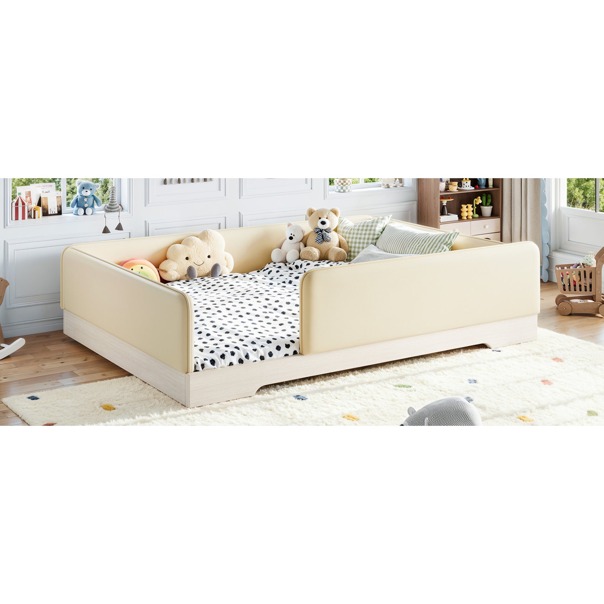 variant-group:rf-w1580s00673|Roomfitters Queen Size Upholstered Floor Bed Frame with Removable Guardrails, Faux Leather Low Profile Platform, Beige