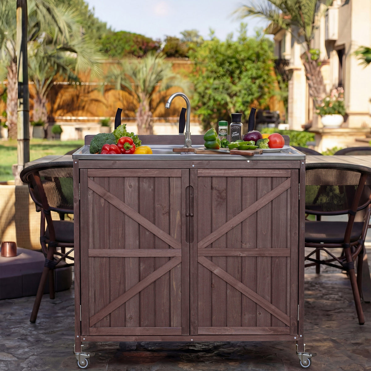 variant-group:rf-n707p370281z|Roomfitters 39.4" Outdoor Grill Cart with Stainless Steel Top, Prep Station with Sink and Storage Cabinet, Dark Brown