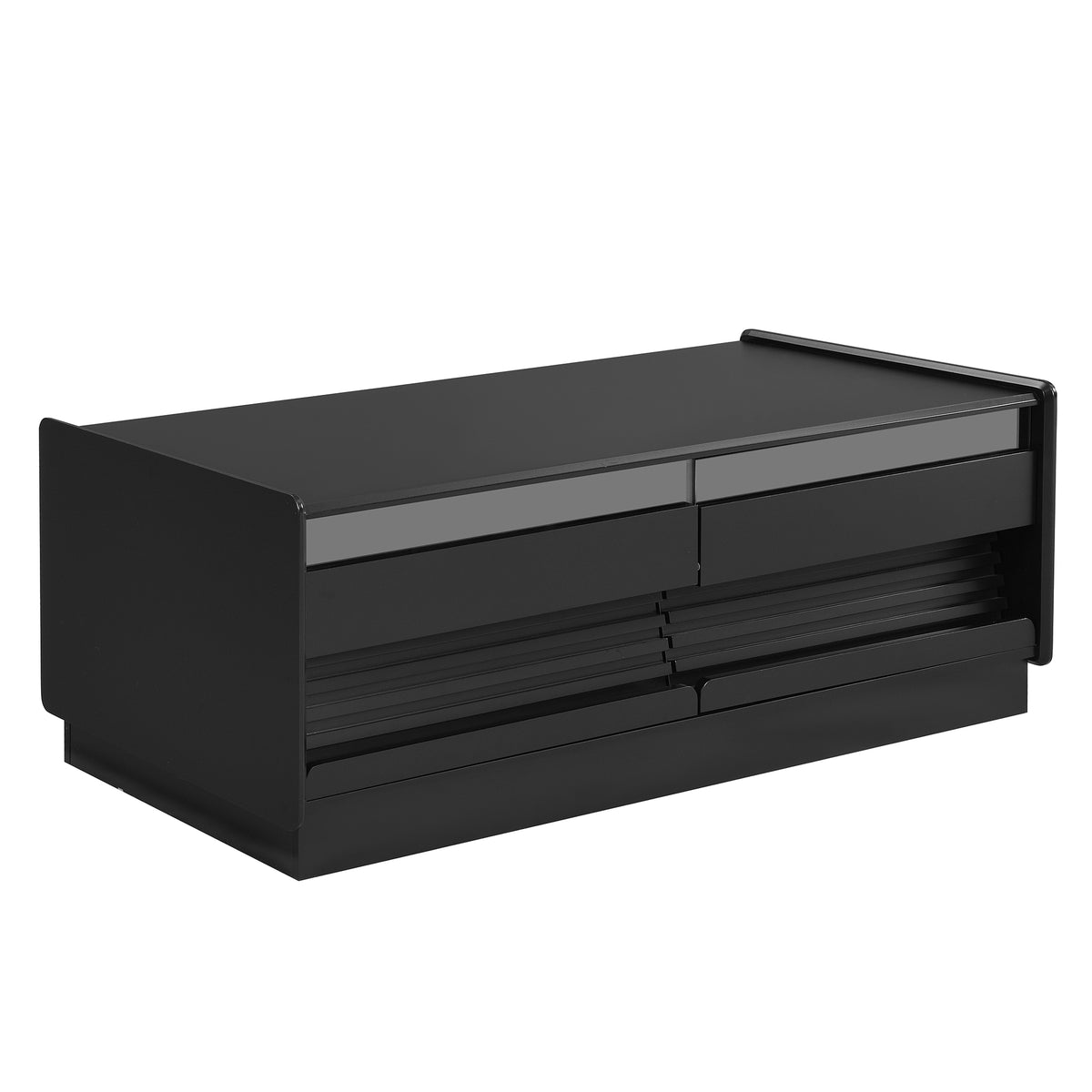 variant-group:rf-n724p286421b|Roomfitters Rectangle Coffee Table with Fluted Style, 4 Storage Compartments and Glass Display Shelves, Black