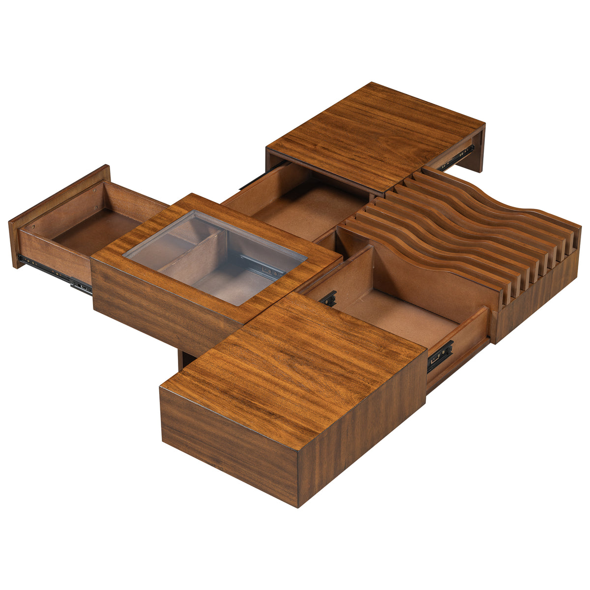 variant-group:rf-n724p270432d|Roomfitters Square Mid-Century Coffee Table with Glass Top and 3 Storage Compartments, Solid Wood Legs, Brown