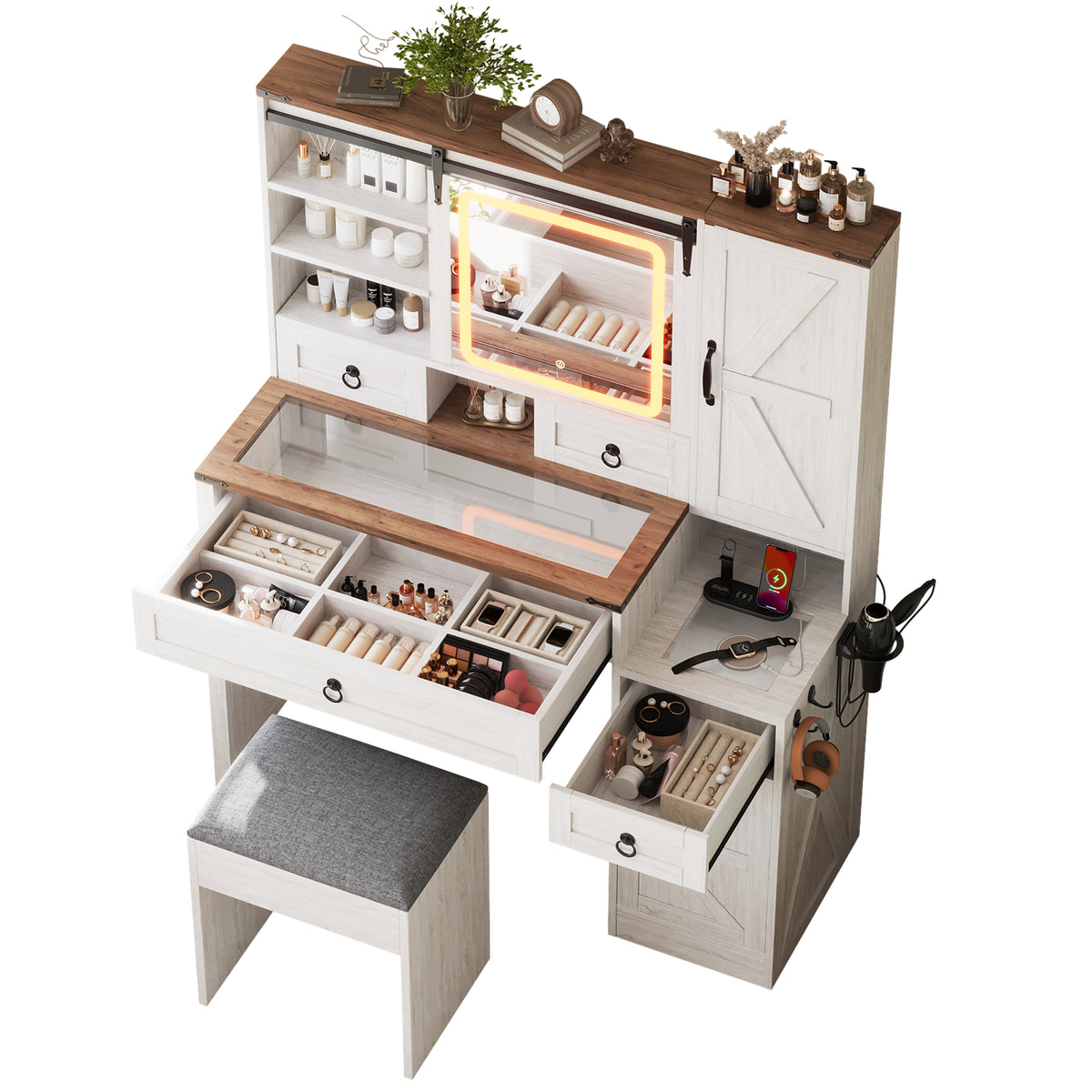 variant-group:rf-n733p340562k|Roomfitters Farmhouse Vanity Desk with Sliding Mirror & Lights, Glass Top, Charging Station, 4 Drawers, 2 Cabinets, Stool, White
