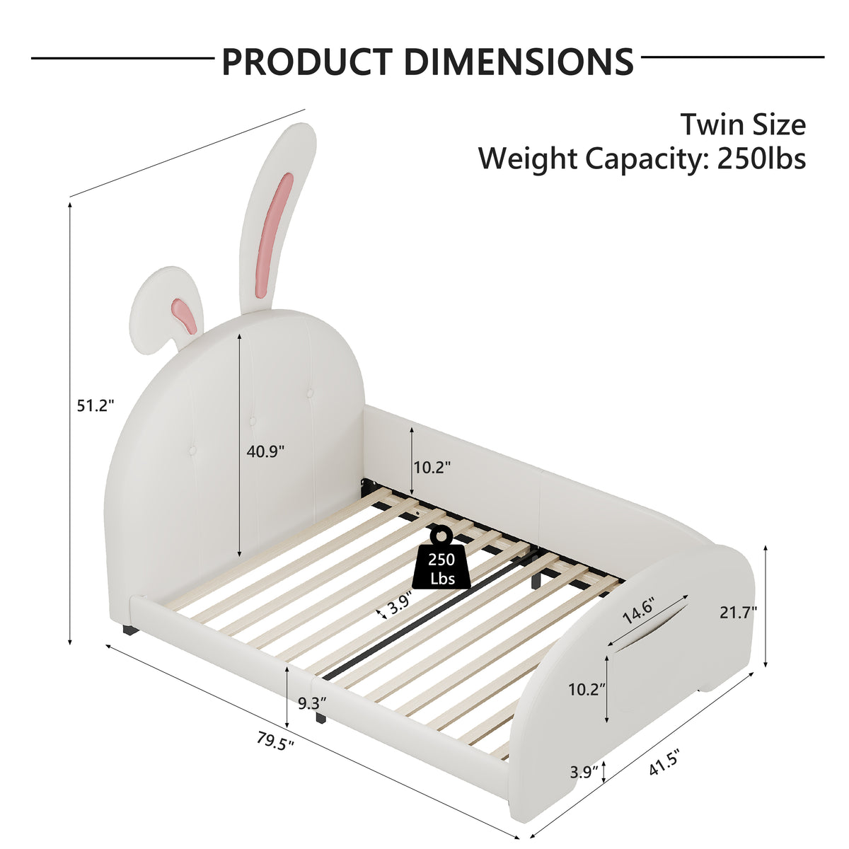 variant-group:rf-n733p198764k|Roomfitters Rabbit-Shaped Princess Twin Platform Bed with Upholstered Headboard and Footboard, White