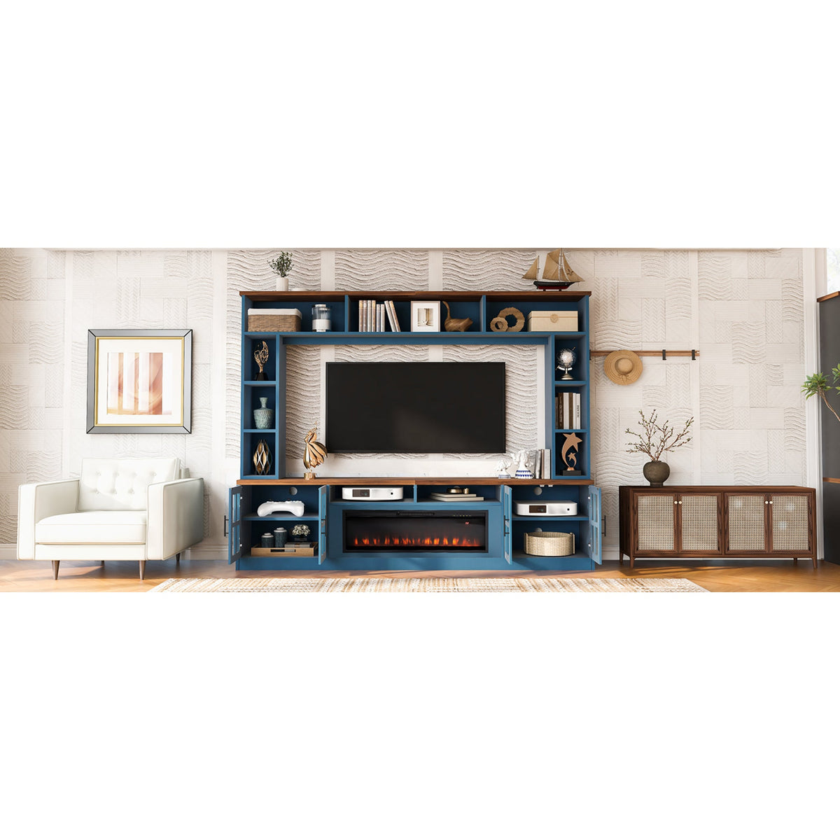 Roomfitters 95.5"W Large Wall Unit Entertainment Center, 39" LED Fireplace, Navy Blue Roomfitters