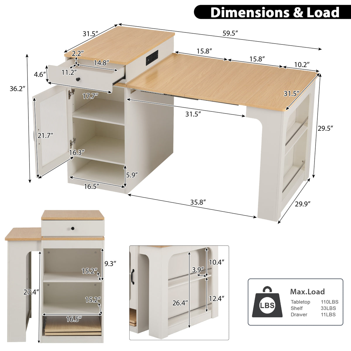 variant-group:rf-n707s000017w|Roomfitters 59.5" Kitchen Island with 41.8" Extendable Dining Table, Double-Sided Storage, Power Outlet, 2 Drawers, White