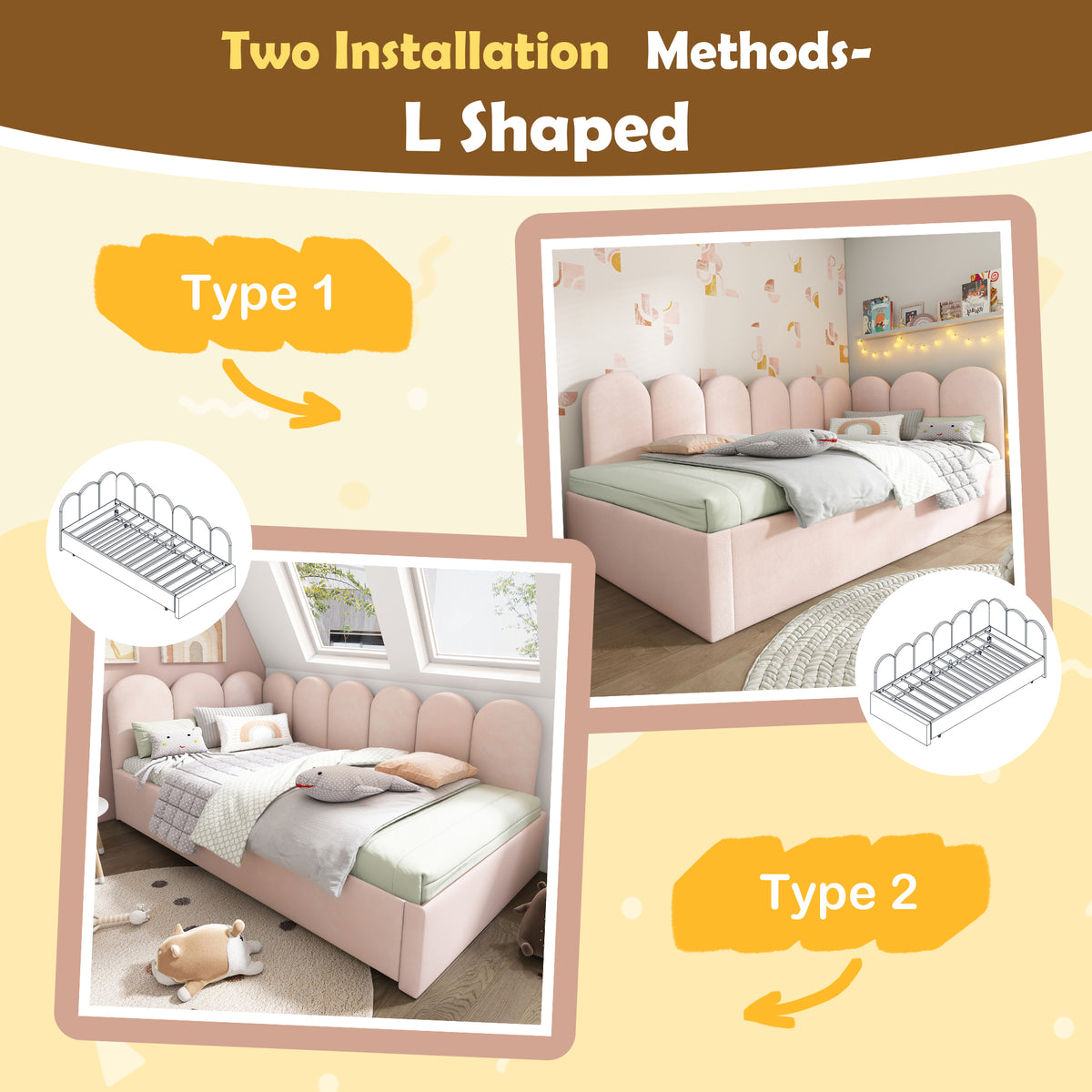 variant-group:rf-n736aa20362122p|Roomfitters Velvet Upholstered Twin Daybed with Pull Out Trundle, Sofa Bed with Metal Slat Frame, Pink