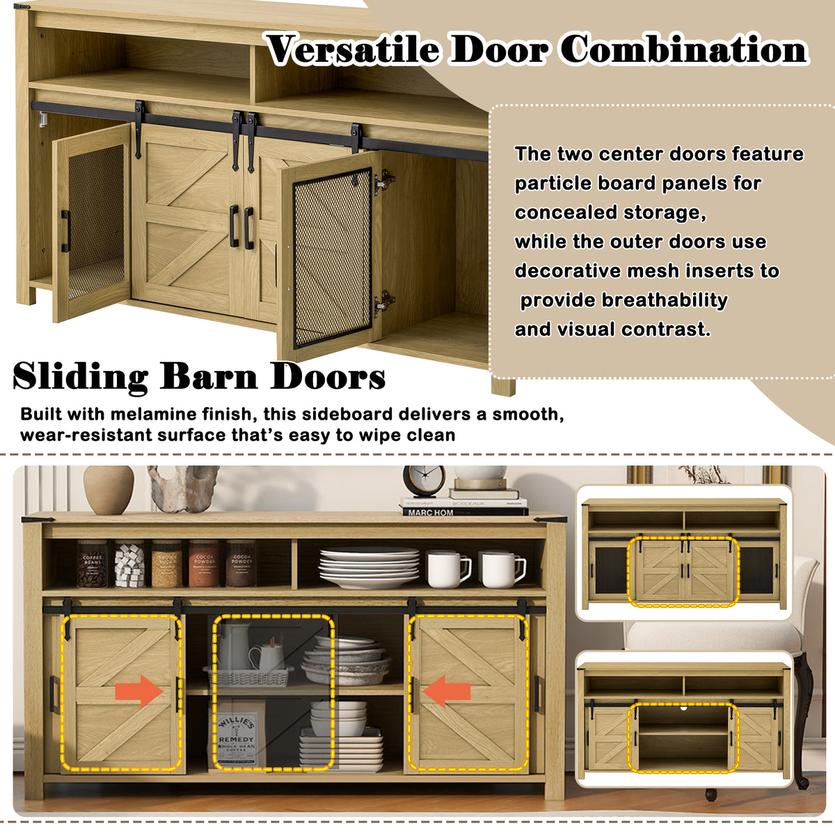 variant-group:rf-n711p347388o|Roomfitters 59.3" Sideboard Buffet Cabinet with Sliding Barn Doors, Modern Farmhouse Storage for Kitchen & Dining, Natural