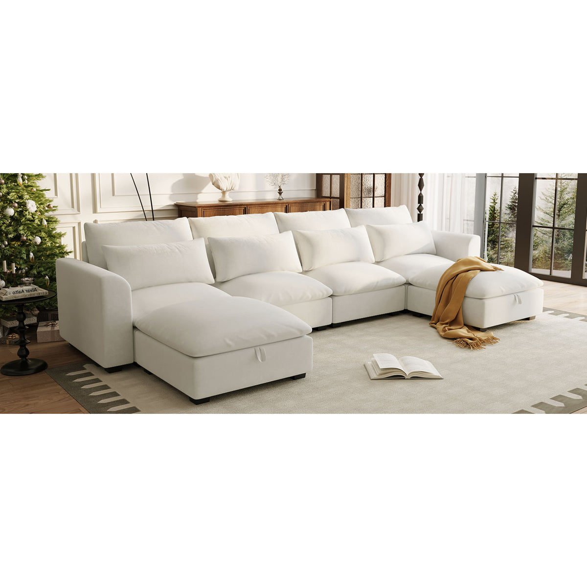 variant-group:rf-n711wy000491aaa|Roomfitters 131.3-Inch Modern U-Shaped Sectional Sofa, 6-Seater Linen Blend Couch, 2 Storage Ottomans, Pit Lounge, Beige