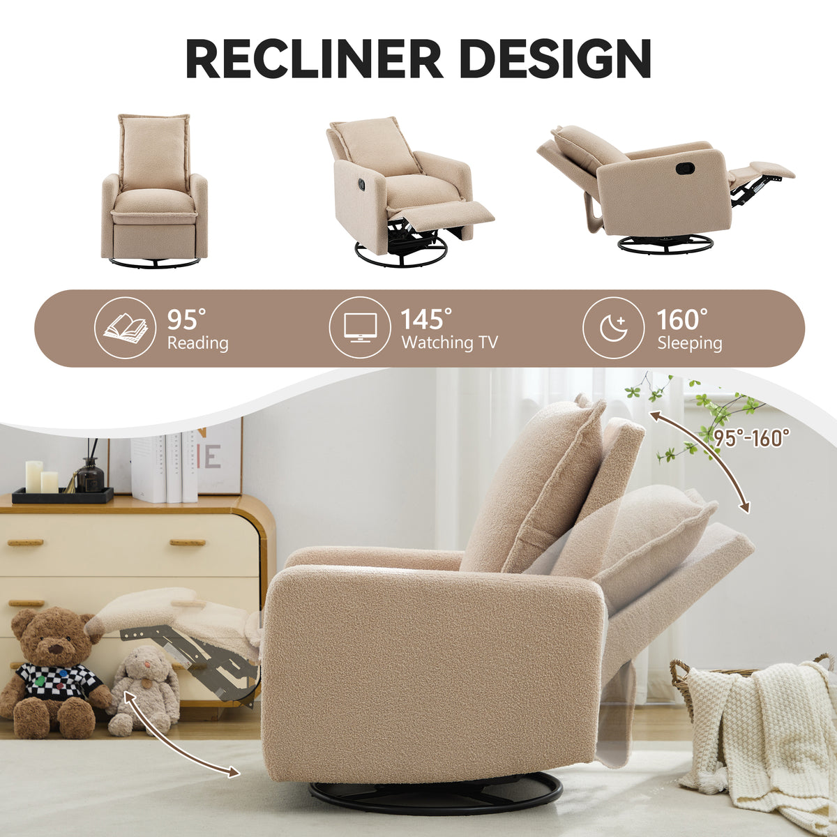 variant-group:rf-n701p348238o|Roomfitters Swivel Rocker Recliner Chair, Glider Rocking Armchair, Teddy Fleece Nursery Reclining Lounge Accent Chair, Oatmeal