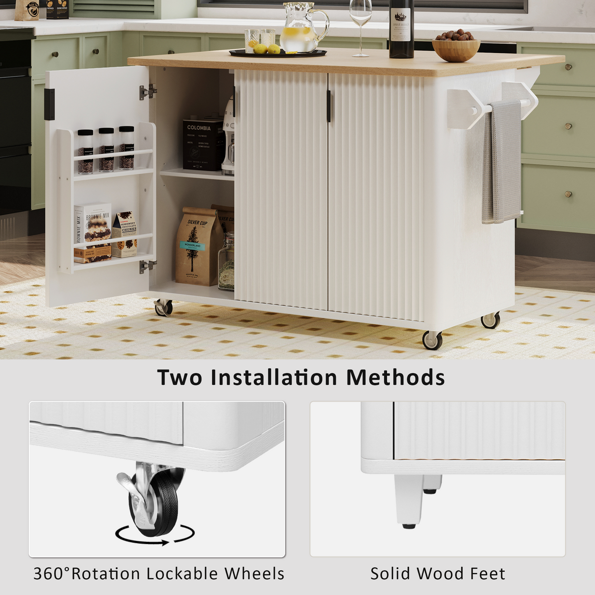 variant-group:rf-n707p221446w|Roomfitters 51" Fluted Kitchen Island with Drop Leaf, Rolling Cart with Storage Rack, Farmhouse Style, Towel Rack, White