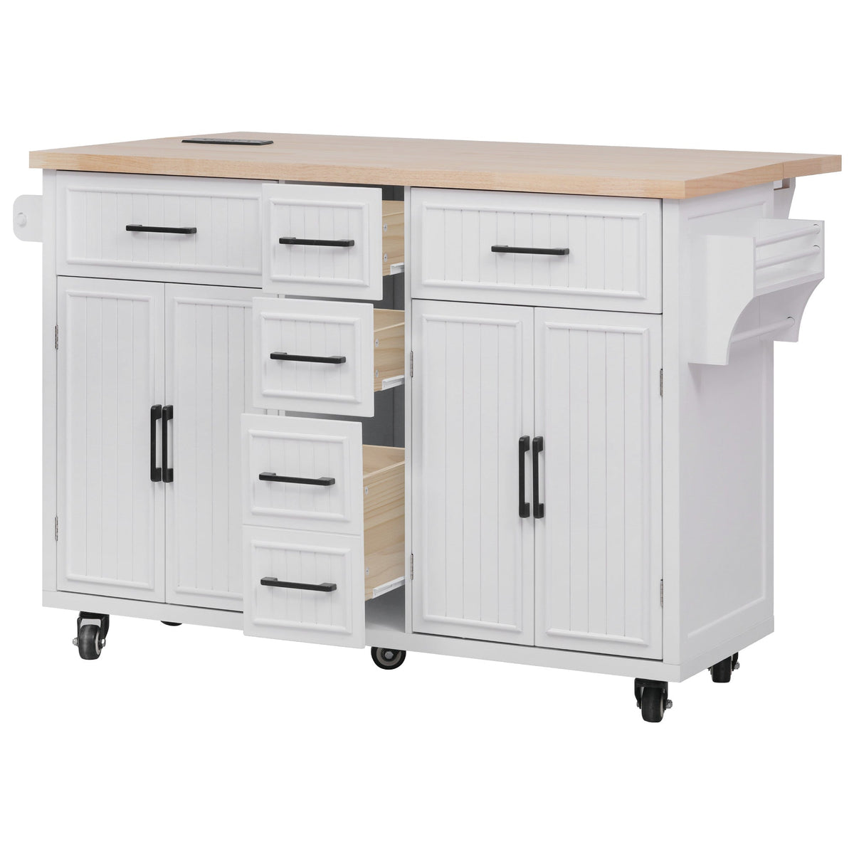Roomfitters 56.5" Kitchen Island with Drop Leaf, Rolling Kitchen Cart with 5 Storage Drawers, Spice Rack & Towel Holder, White