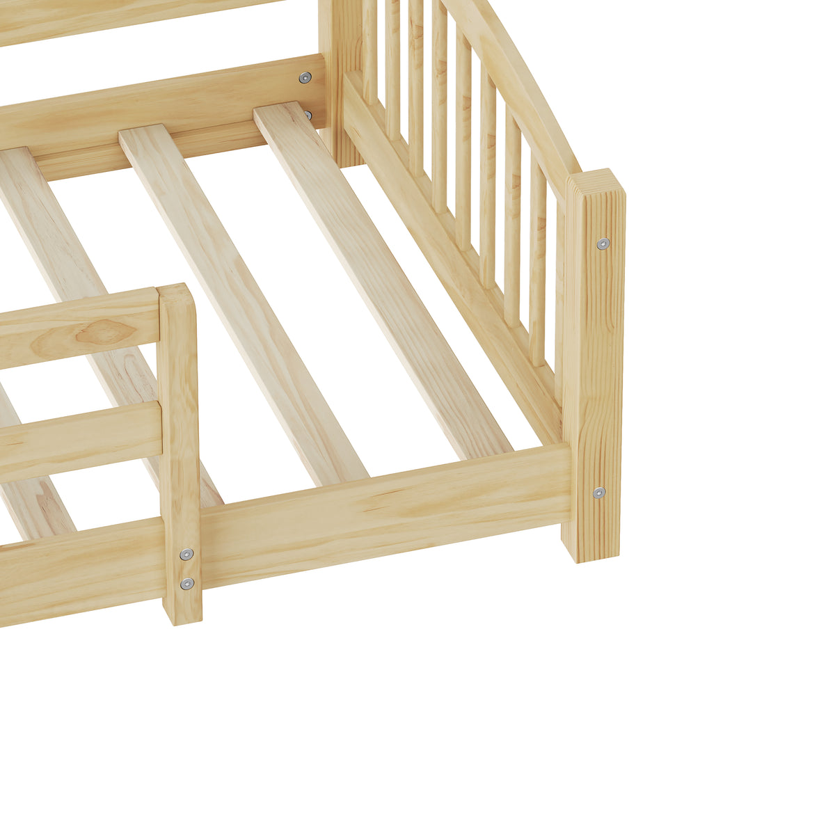 variant-group:rf-n733p400298n|Roomfitters Twin Montessori Floor Bed with Guardrails, Solid Wood Low Platform Bed with Slats, Easy Assembly, Natural
