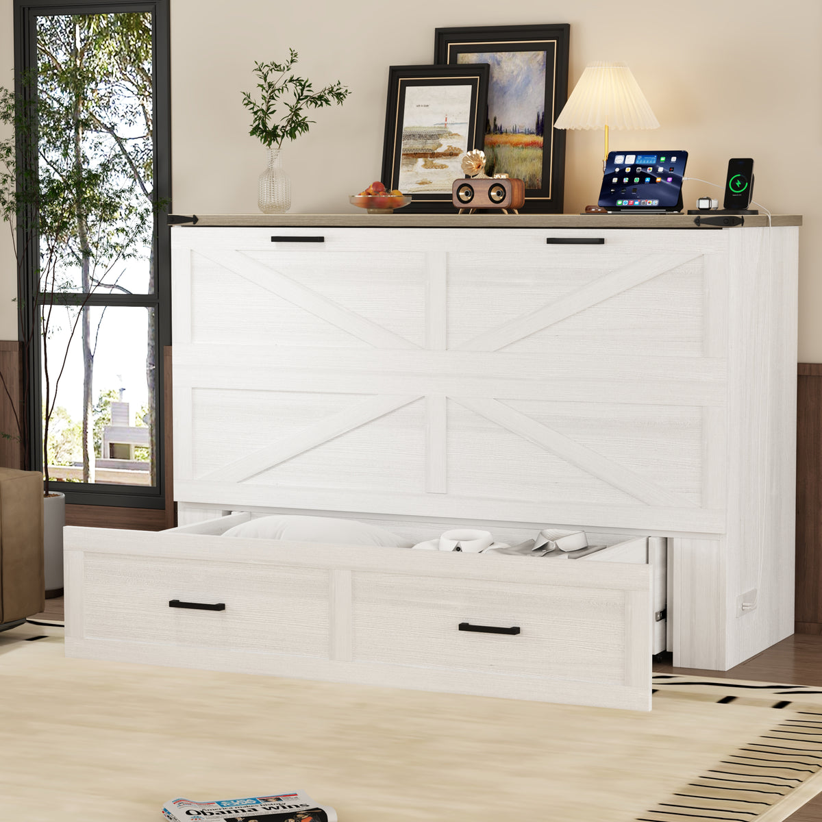 variant-group:rf-n733s237837w|Roomfitters Queen Size Farmhouse Murphy Cabinet Bed with Charging Station, Foldable Platform Bed with Large Storage for Guest Room, Small Bedroom, White