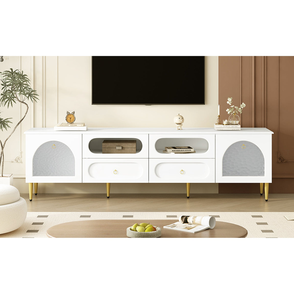 Roomfitters Retro TV Stand for up to 85 Inch TV, Media Console Cabinet with Drawers, Cabinets and Metal Legs, White Roomfitters