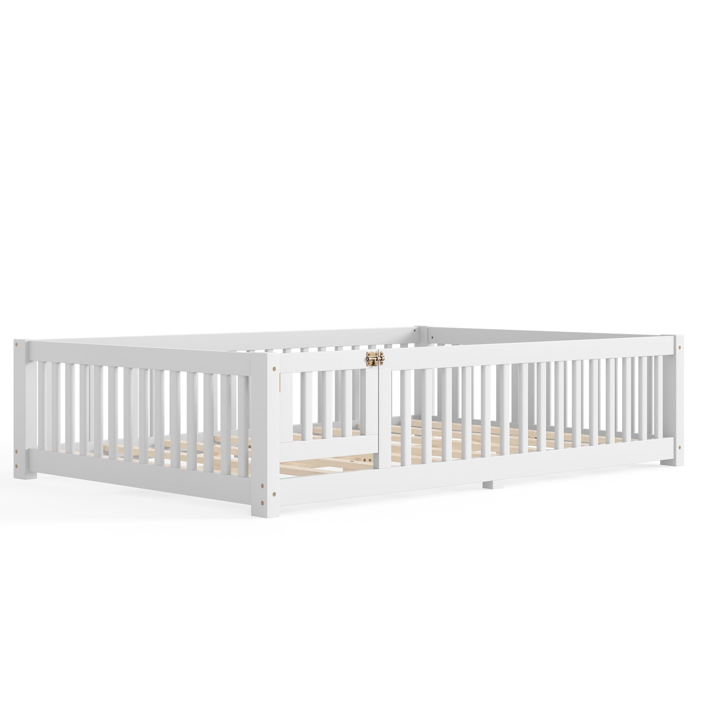 variant-group:rf-w1580p462324|Roomfitters Queen Size Wooden Floor Bed Frame with Safety Guardrails Door, Solid Wood Low Profile Toddler Play Bed, White