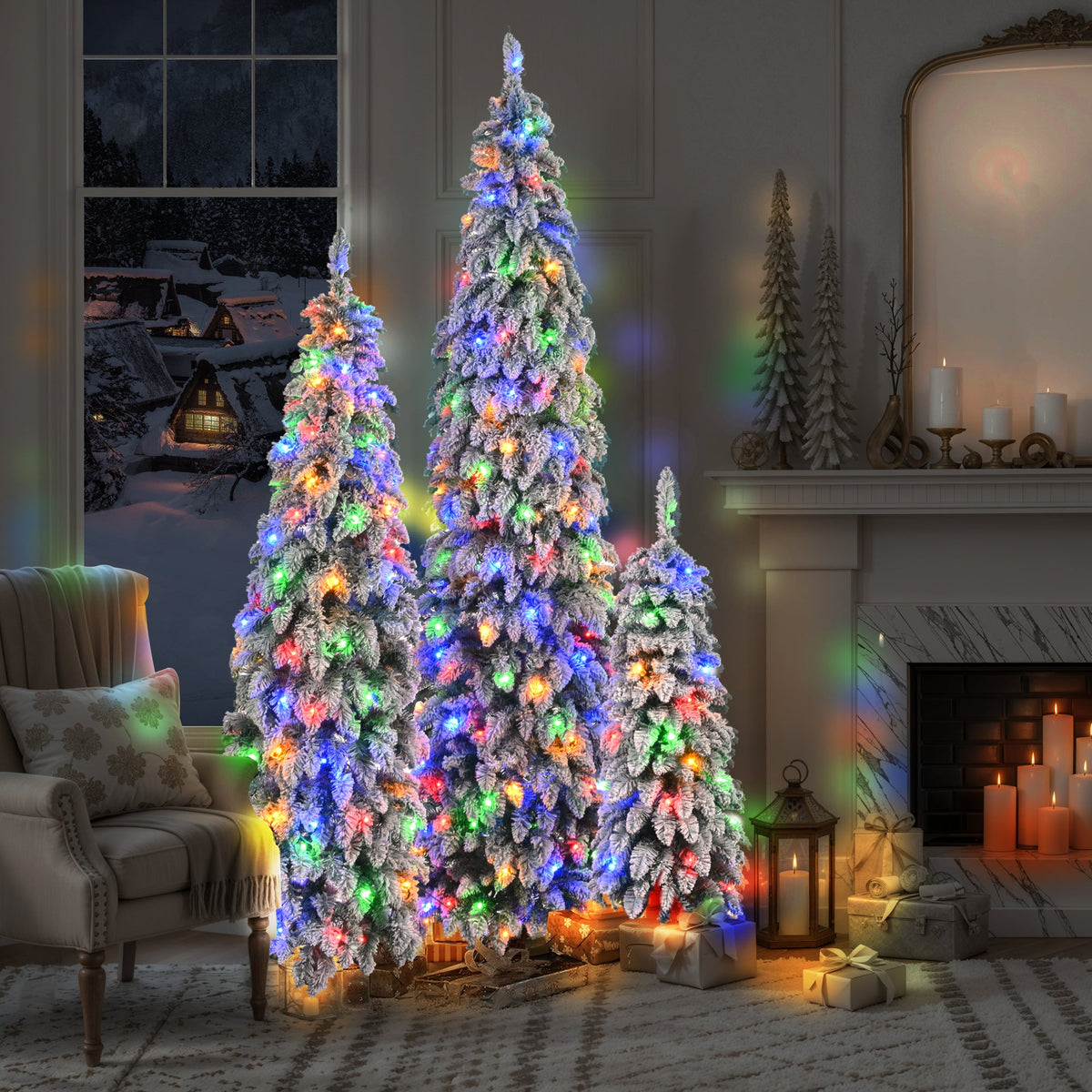 Roomfitters Pre-Lit Pencil Christmas Tree Set 8FT 6FT 4FT, Slim Snow-Flocked Artificial Trees with 1455 Tips, White Roomfitters