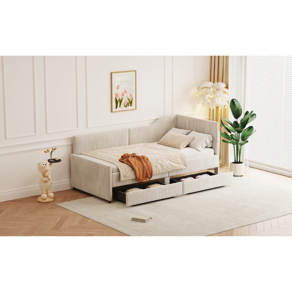 variant-group:rf-n733p171470a|Roomfitters Twin Size L-Shaped Corduroy Daybed, Upholstered Platform Bed Frame with 2 Convenient Storage Drawers for a Modern Touch, Beige