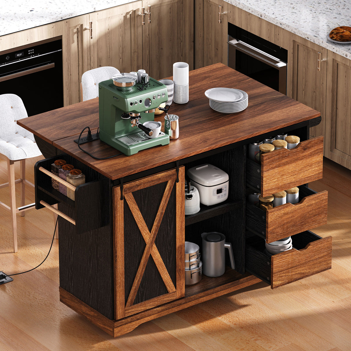 variant-group:rf-n707p288229b|Roomfitters 55.5" Rolling Kitchen Island with Drop Leaf, Mobile Kitchen Storage Cart with Sliding Barn Door, Power Outlets, Black