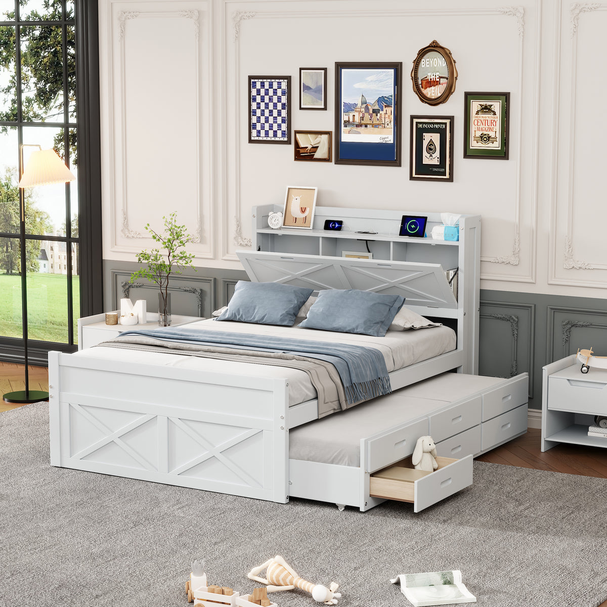 variant-group:rf-n733s172712k|Roomfitters Full Size Wooden Bed with Storage Headboard, Integrated Outlets, Extendable Frame with Twin Trundle and Additional Storage, White