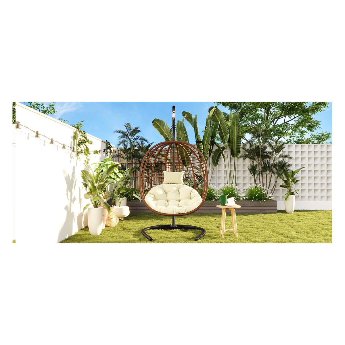 variant-group:rf-n711p389503k|Roomfitters Single Person Folding Egg Chair with Stand, UV Resistant Wicker Rattan Swing for Patio, Garden, Brown+Beige