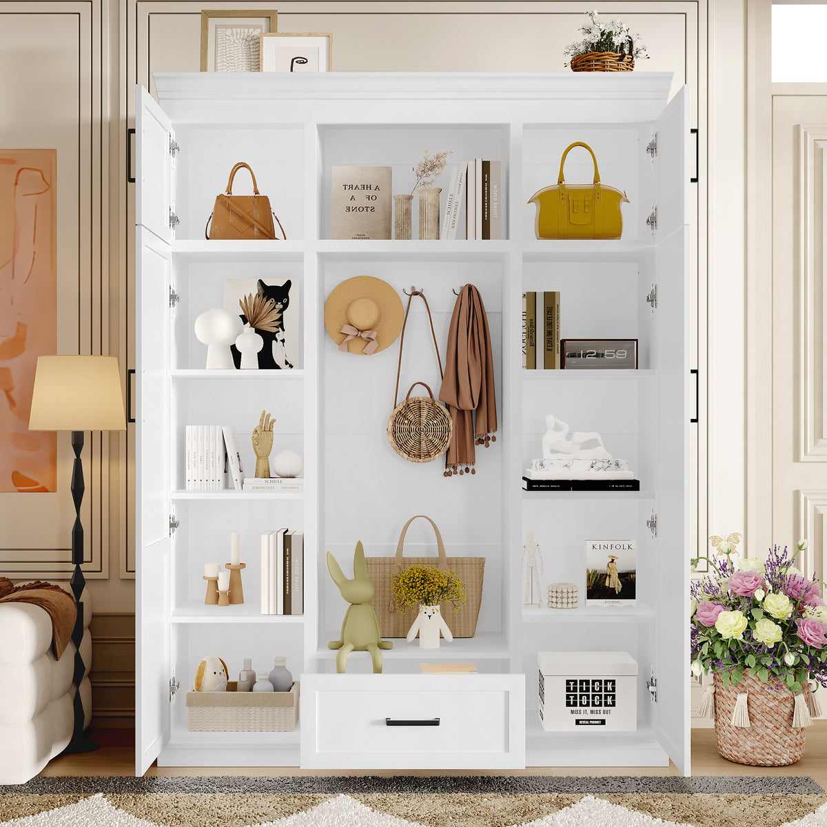 variant-group:rf-n724sj000140aak|Roomfitters 85.2" Hall Tree with Bench, 3 Hooks, 4 Doors, 1 Drawer and Adjustable Storage Shelves, White