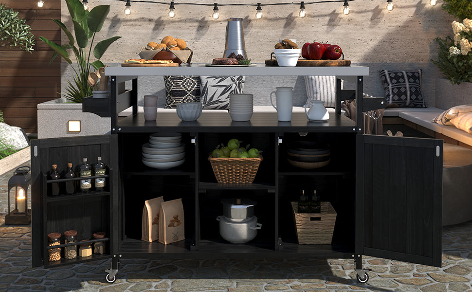 Roomfitters Outdoor Kitchen Island, Rolling Bar Cart with Storage Cabinet, Wood Grill Table, Stainless Steel Top, Spice Rack, Black