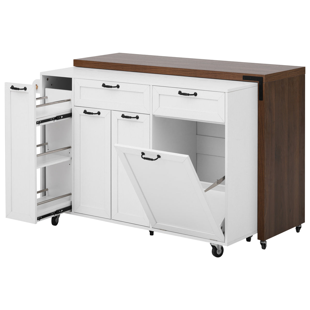 variant-group:rf-n707s000026w|Roomfitters 102.3" Kitchen Island with Tilt Out Trash Can Cabinet, Rolling Storage Cart, Slide-out Spice Rack, White