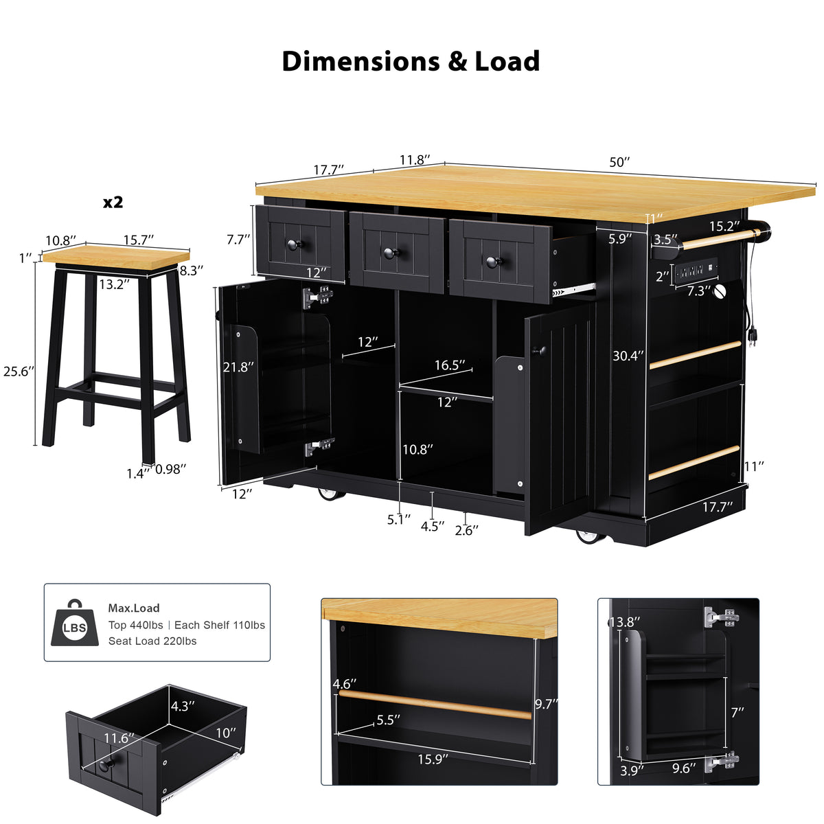variant-group:rf-n707s003007b|Roomfitters 53" Kitchen Island with 2 Bar Stools, Drop Leaf, Power Outlet, Rolling Kitchen Cart Set with Storage, Black
