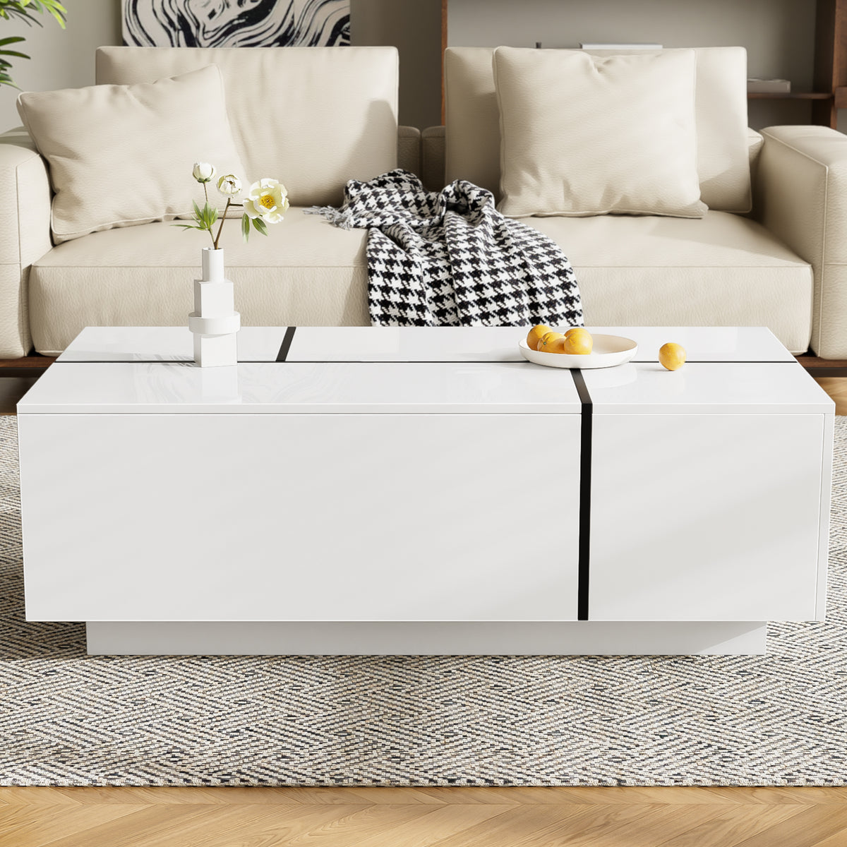 variant-group:rf-n724p292070k|Roomfitters Glossy Extendable Coffee Table with 2 Drawers and Hidden Storage Compartments, Multi-Functional Design, White