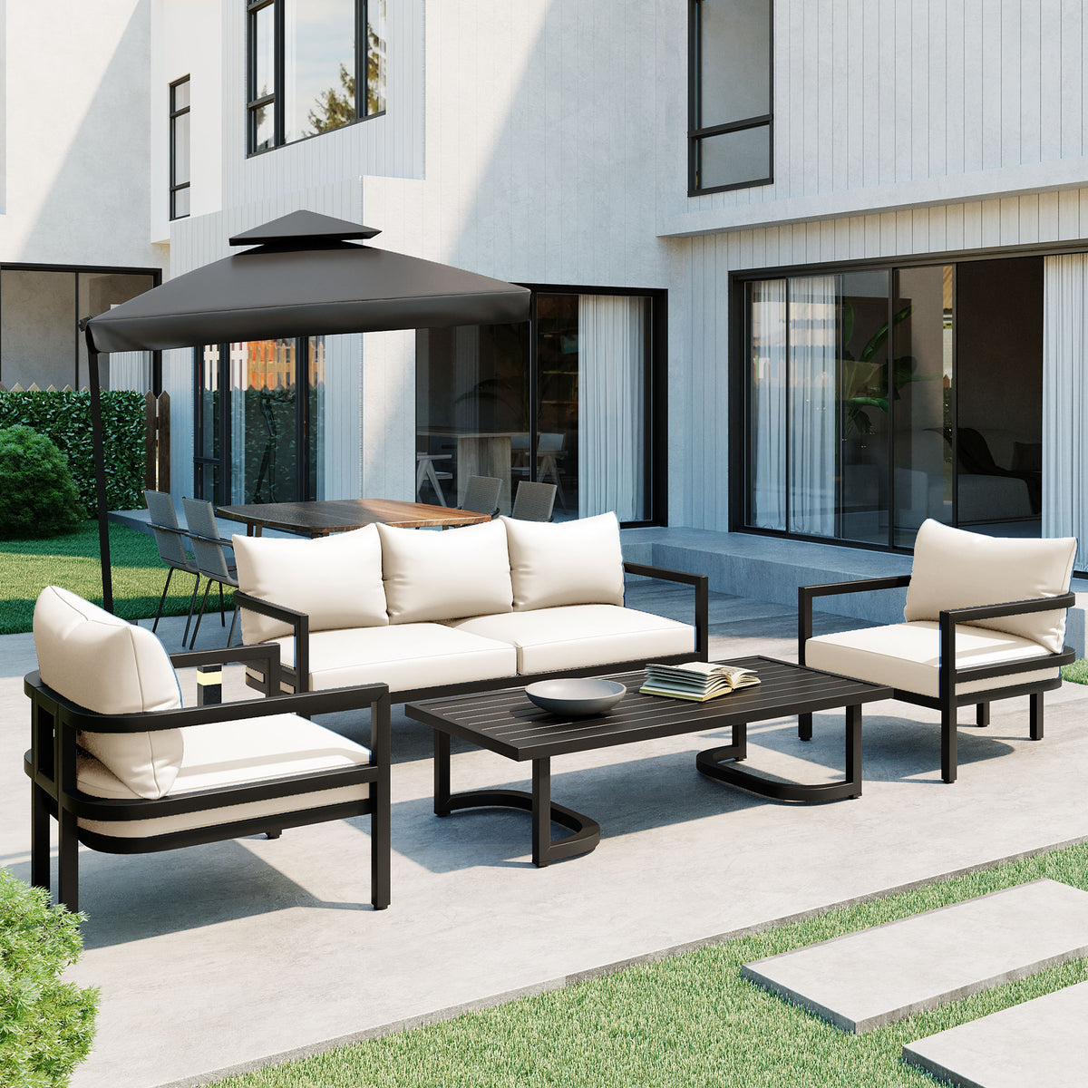variant-group:rf-n711wy000470aaa|Roomfitters 4-Piece Outdoor Steel Sofa Set with Coffee Table, 3-Seater Couch and 2 Armchairs for Patio Garden, Beige