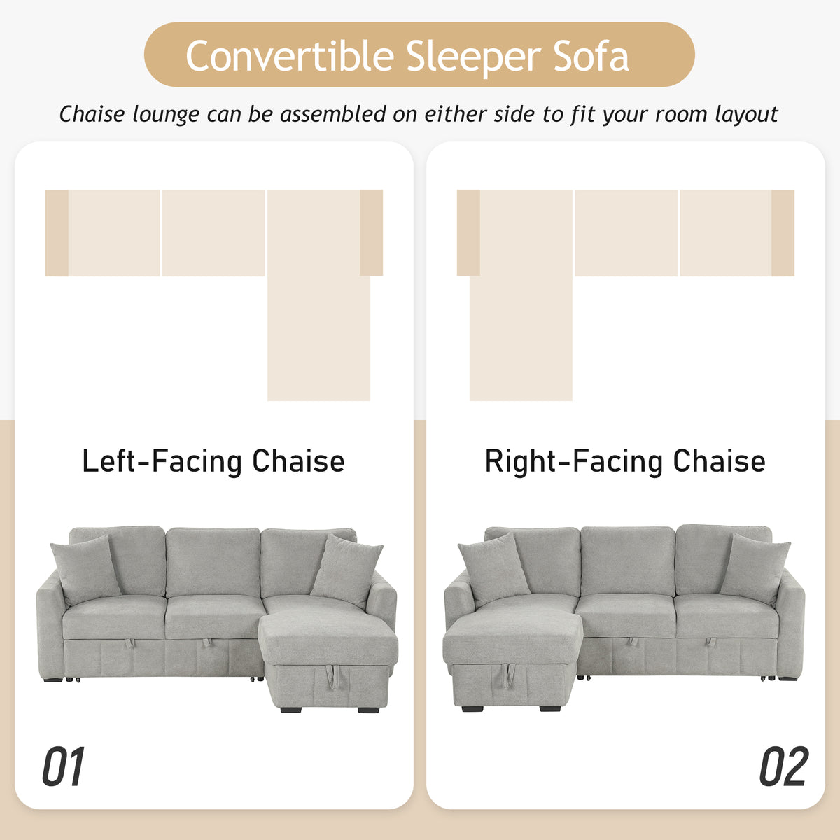 variant-group:rf-n711wy000467aae|Roomfitters 90" L-Shaped Sectional Sleeper Sofa with Storage Chaise and Pull Out Bed, Fold Down Cup Holder Table, Grey