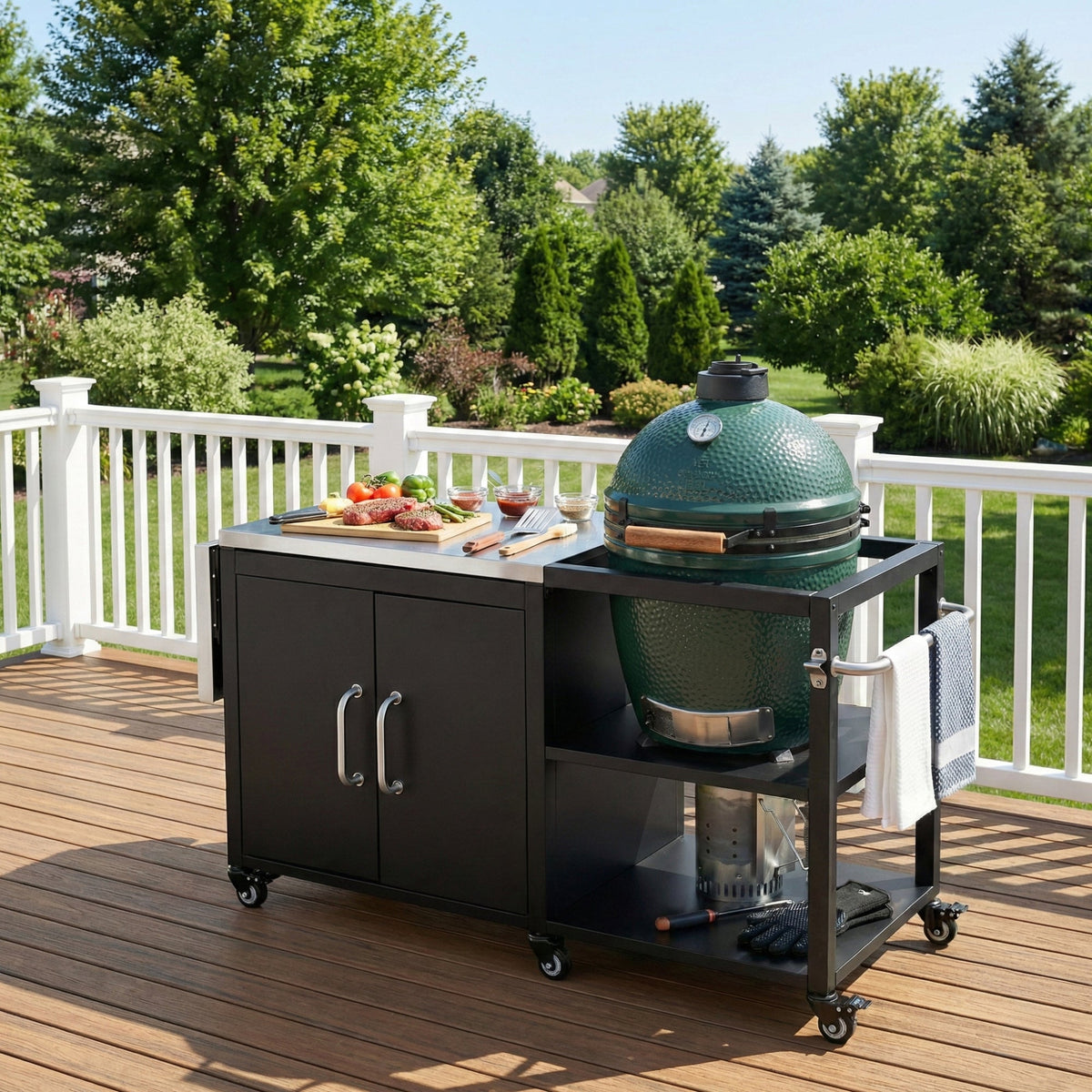 Roomfitters 76.6" Grill Cart with Stainless Steel Top and Kamado Nest, Folding Drop Leaf Prep Station, Mobile Cabinet, Black