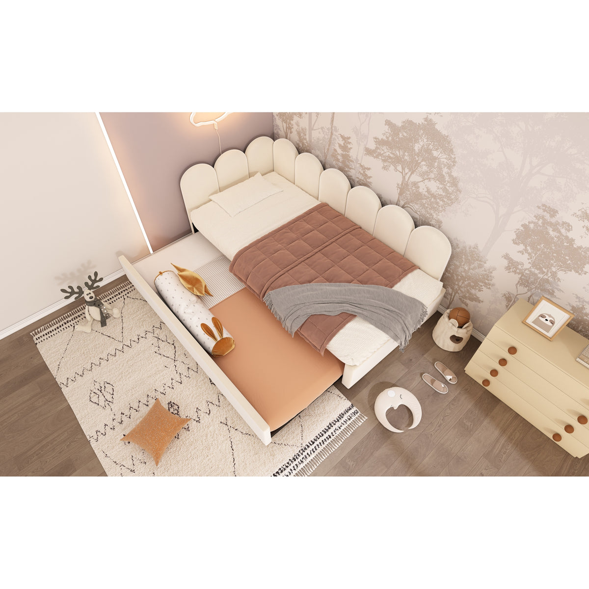 variant-group:rf-n736aa20362122b|Roomfitters Velvet Upholstered Twin Daybed with Pull Out Trundle, Sofa Bed with Metal Slat Frame, Beige