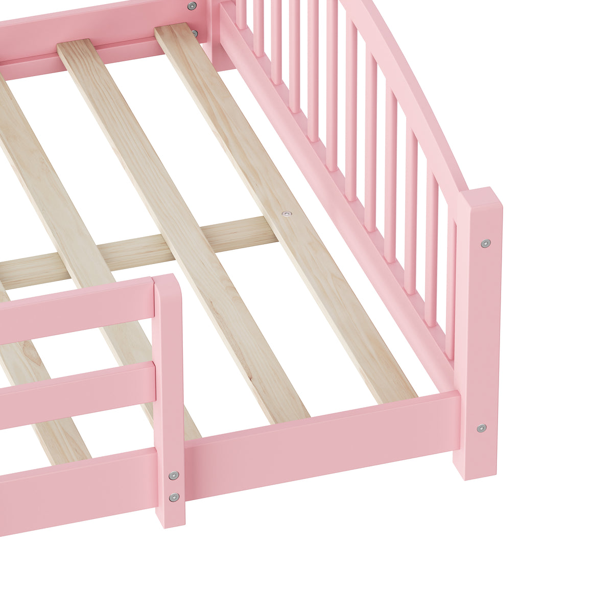 variant-group:rf-n733p400299h|Roomfitters Full Montessori Floor Bed with Guardrails, Solid Wood Low Platform Bed with Slats, Easy Assembly, Pink
