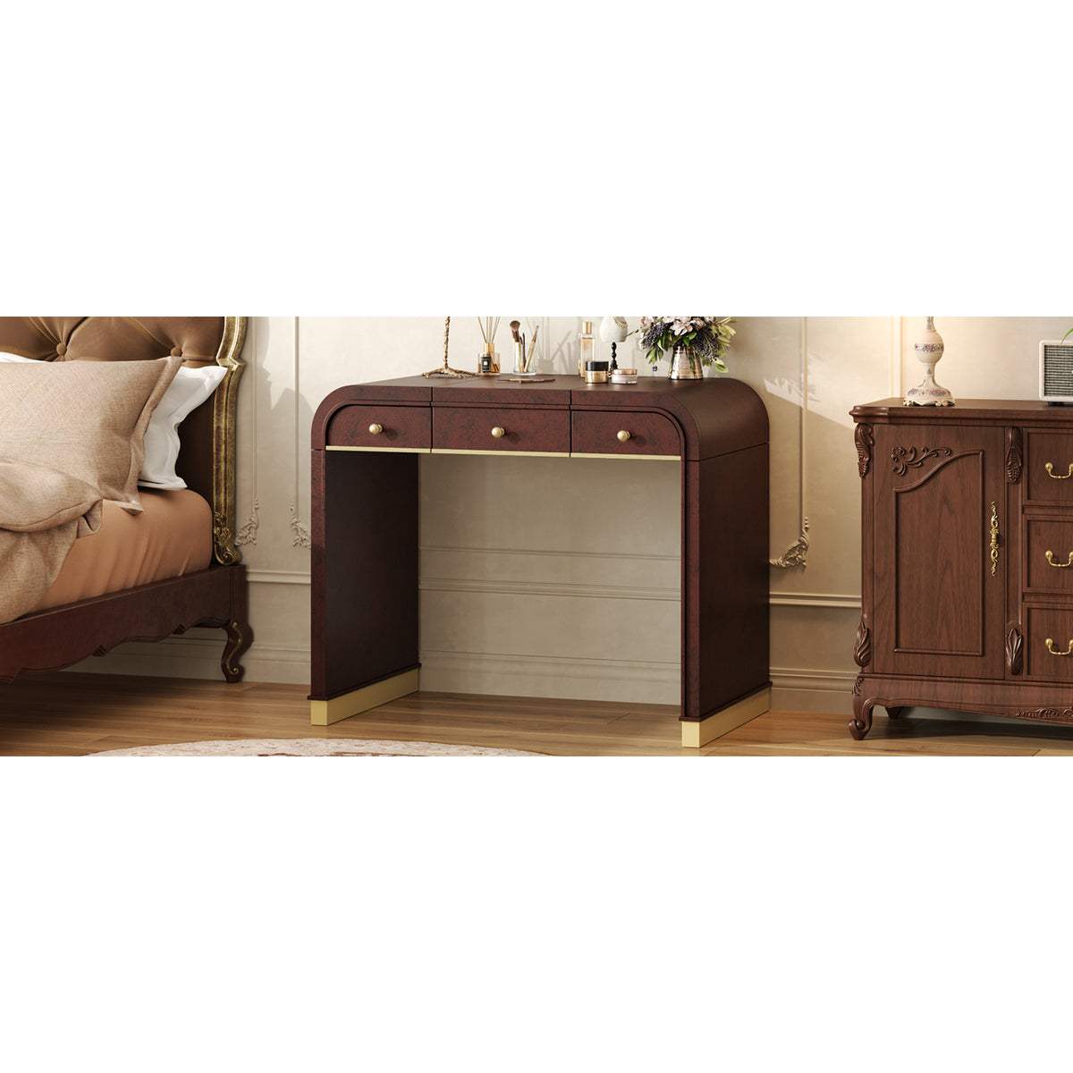 variant-group:rf-n704p381406p|Roomfitters Flip Top Vanity Desk with Mirror and Hidden Storage, Modern Makeup Table with Gold Trim for Small Space, Espresso
