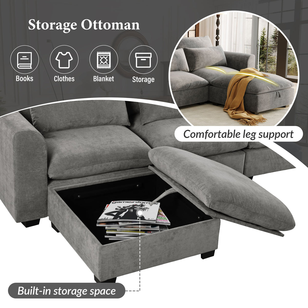 Roomfitters U-Shaped Modular Corner Sofa with Two Ottomans, Freely Transformable for Living Rooms, Studies, Home Theaters, Gray Roomfitters
