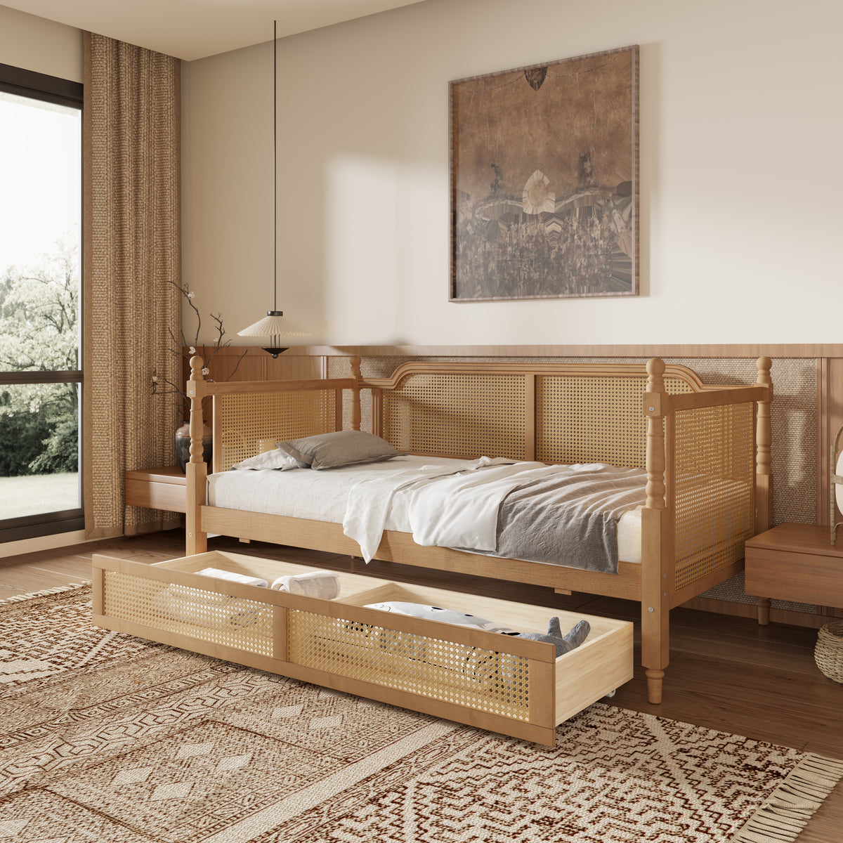 variant-group:rf-n701bs701p415472d|Roomfitters Twin Size Traditional Rattan Daybed Frame with 2 Storage Drawers, French Country Wood Bed, No Box Spring, Walnut