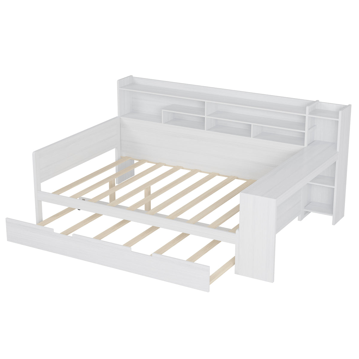 Roomfitters Wooden Full Size Daybed with Storage Shelves, Multi-functional Bed with Twin Size Trundle Bed and Study Desk, Antique White