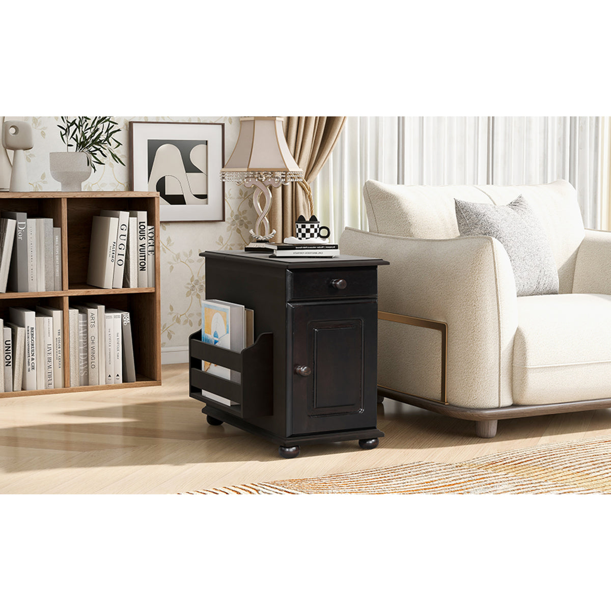 variant-group:rf-n724p293133p|Roomfitters Vintage Sofa Side Table with USB Ports, Flip Top, Cup Holders and Bookshelf Storage for Small Spaces, Espresso