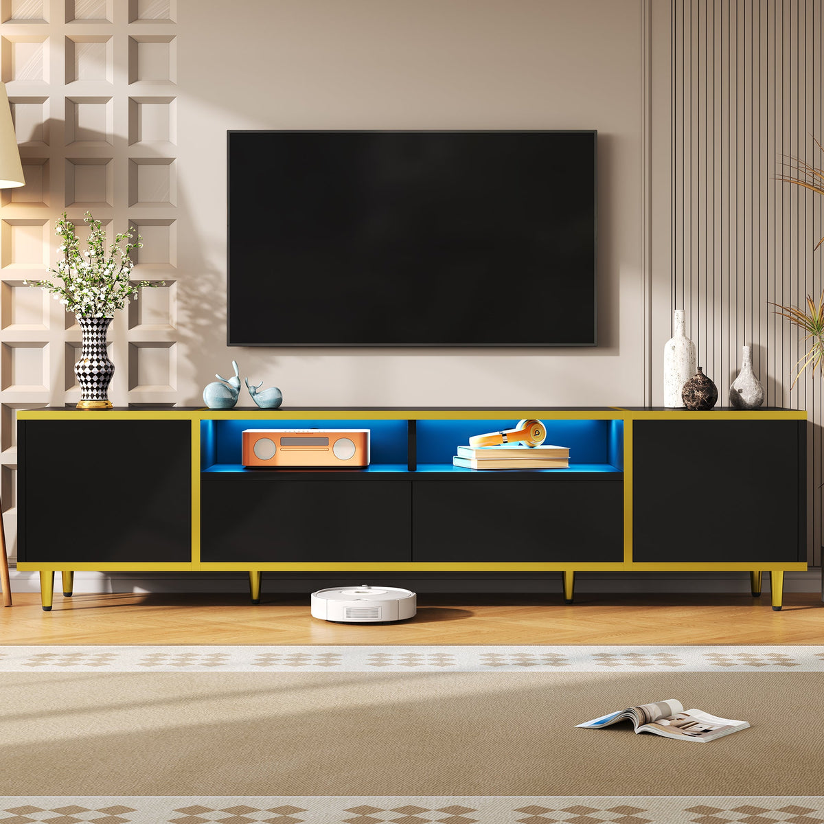 Roomfitters Modern TV Stand for up to 80 Inch TV, Entertainment Console with LED Shelves, Drawers and Cabinets, Black Roomfitters