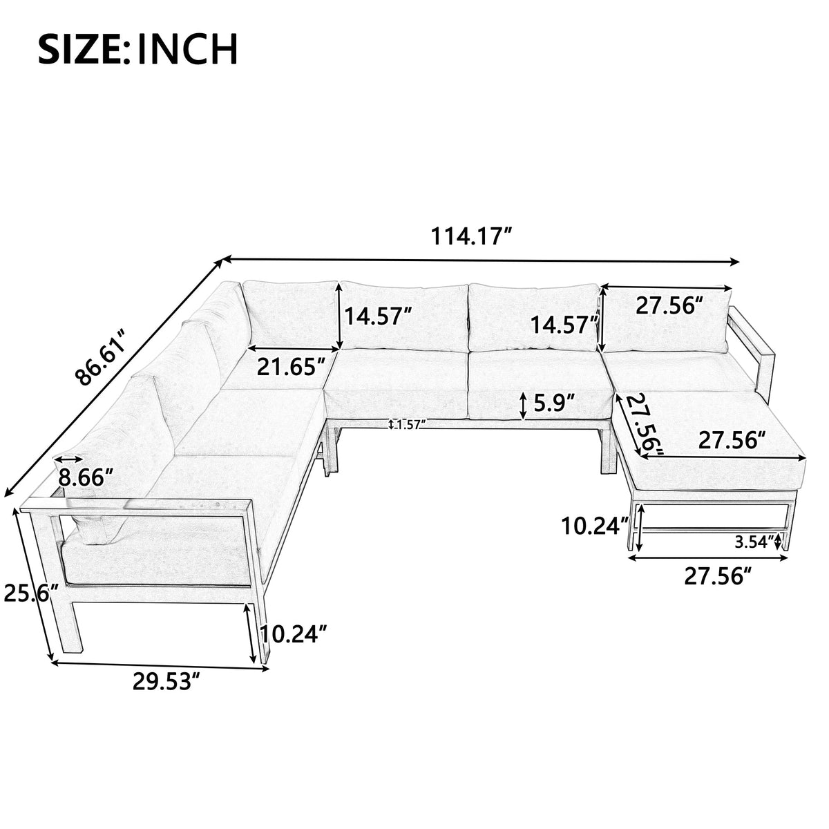 Roomfitters Modern U-Shaped Outdoor Sectional Sofa Set, 5-6 Seat Patio Conversation, Grey Cushions, Iron Frame Pit Roomfitters