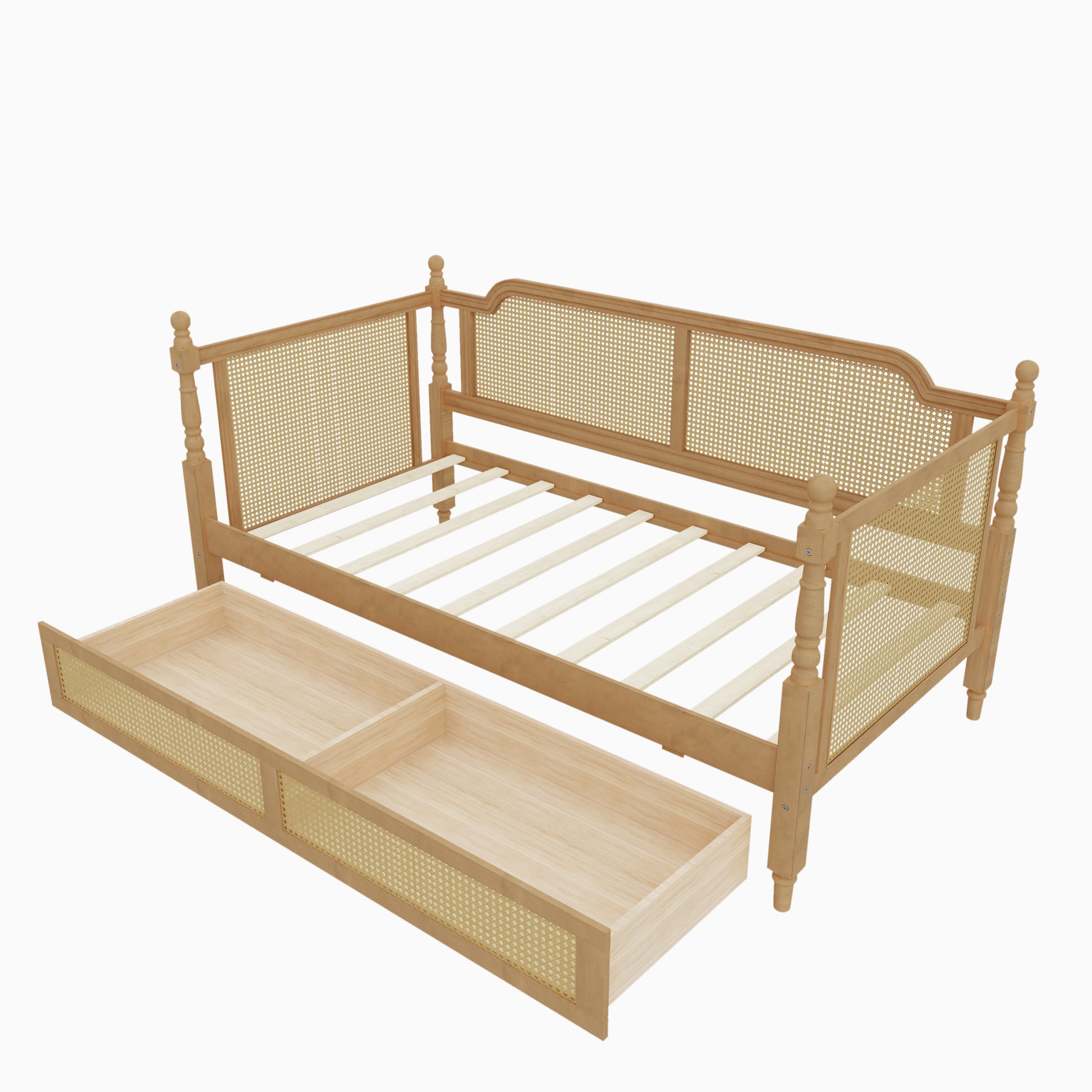 variant-group:rf-n701bs701p415472d|Roomfitters Twin Size Traditional Rattan Daybed Frame with 2 Storage Drawers, French Country Wood Bed, No Box Spring, Walnut