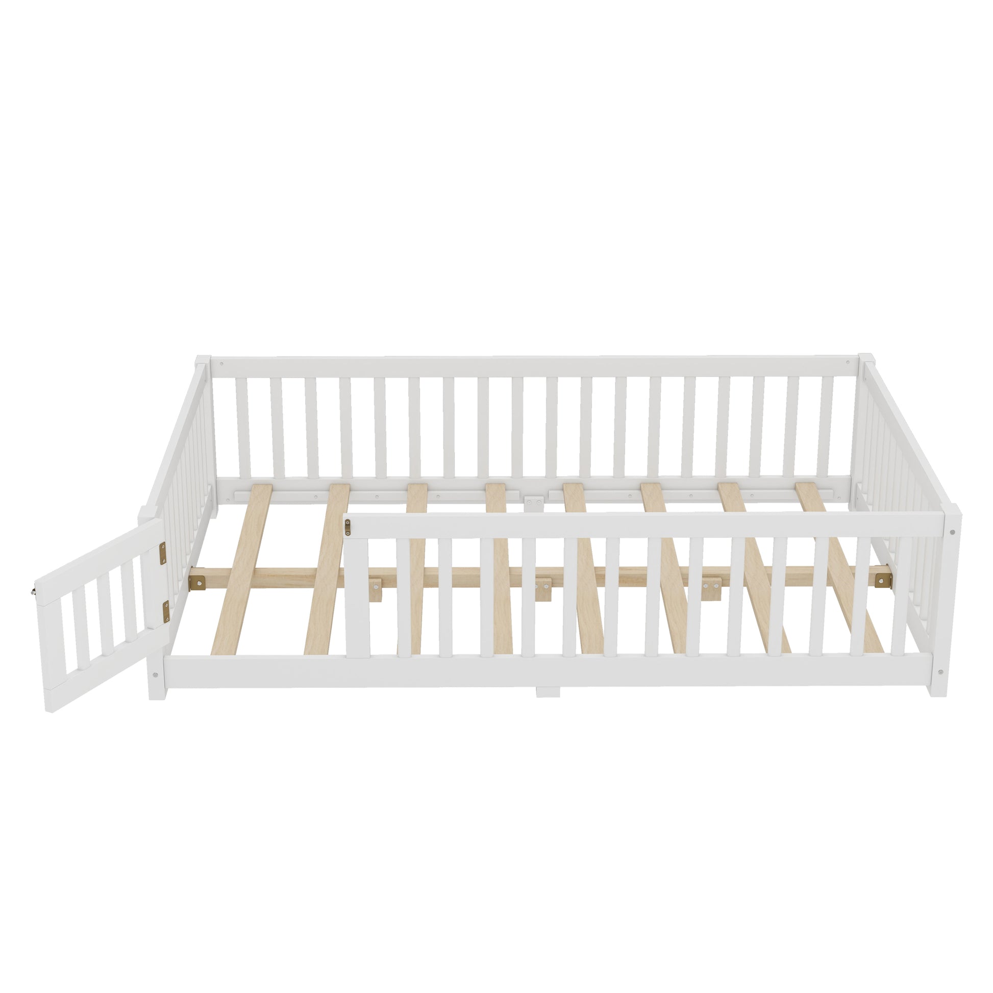 variant-group:rf-w1580p338950|Roomfitters Wooden Full Floor Bed Frame with Door & Safety Guardrails, Low Platform Design for Bedroom or Playroom, White