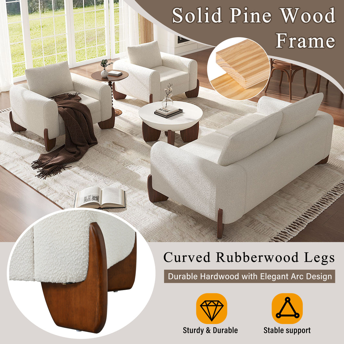 variant-group:rf-n711wy000479aaa|Roomfitters Modern 3-Piece Living Room Sofa Set, Bouclé Fabric Loveseat and 2 Armchairs Pack, Beige Pinewood Lounge